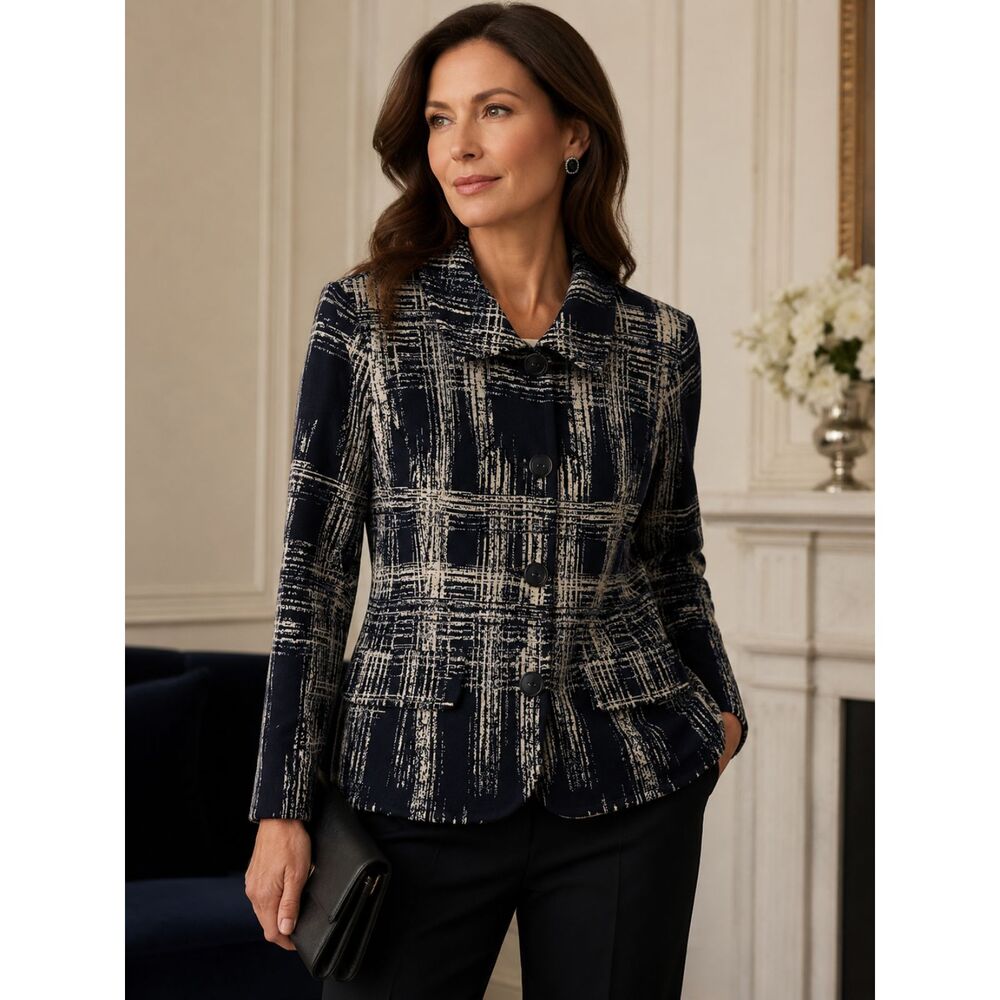 ST. JOHN Blue Black White Pattern Blazer Jacket Top   Women's Size 8